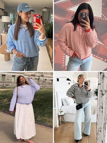 Saodimallsu Womens Striped Cardigan Casual Long Sleeve Open Front Button Down Loose Knit Lightweight Fall Sweaters Red - Thumbnail 6