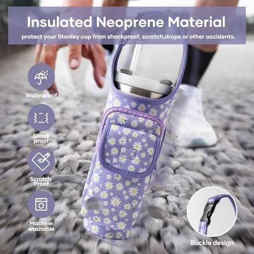 Carrier Bag with Phone&Flap Pockets for Stanley 40/30oz Tumbler with Handle, Insulated Neoprene Cup Holder Carrier Bag w/Shoulder & Handheld Strap Fits Stanley Cup Accessories (Purple Daisy, 40oz) - Thumbnail 3
