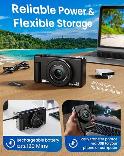 True 5K Digital Camera for Photography, Autofocus 80MP with 18X Digital Zoom 3" 270°Flip Screen Dual-Lens Selfie Camera for YouTube Vlogging & Content Creation, 2 Batteries, 32GB Card & Flash，Black - Thumbnail 6