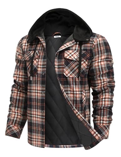COOFANDY Flannel Jacket Men Plaid Shirt Jackets Hooded Lined Shacket Quilted Cotton Button Down Fall Coat XL