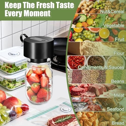 Mason Jar Vacuum Sealer Kit: Portable Electric Vacuum Sealer Kit - Fits Wide Regular Mouth Mason Jar & Seal Bags - Food Storage for Home Kitchen RV Travel - Black - Thumbnail 6
