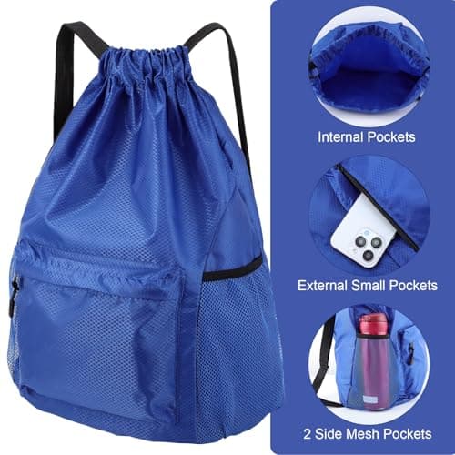 Dntorx Drawstring Backpack, Gym Bag with Water Bottle Pocket, Waterproof String Backpack for Soccer, Basketball, Swim for Women Men (Blue - Thumbnail 4