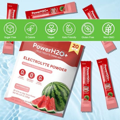 PowerH2O+ Electrolytes Powder Packets, 20 Sticks Hydration Packets Sugar Free, Electrolyte Drink Mix Travel Electrolyte Packet for Rapid Hydration (0.21 Ounce (Pack of 20), Watermelon) - Thumbnail 4