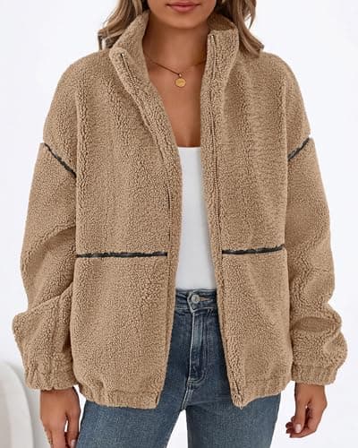 KIRUNDO Sherpa Jacket Women Fleece Oversized Zip Up Winter Coats Fall Jackets Faux Fur Warm Outwear 2026 Fashion Clothing(Khaki, XX-Large) - Thumbnail 3