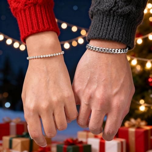 Valentines Day Gifts for Him | Matching Couple Cubic Zirconia Classic Tennis Bracelet | Cuban Chain Bracelets Gifts for Boyfriend Husband Soulmate Anniversary Girlfriend Valentine Gift for Him Her - Thumbnail 2
