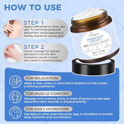 Magnesium Lotion for Sleep, Natural Magnesium Cream for Leg Cramps, Soothing Relief & Muscle Relaxation, Magnesium Butter with Coconut Oil, Shea Butter, Vitamin E, Safe for Kids, Unscented 4 oz - Thumbnail 5