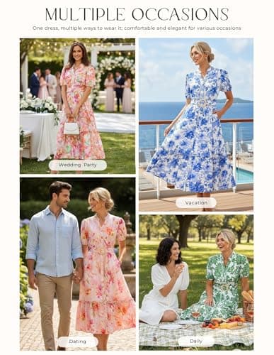 GRACE KARIN Womens Summer Floral Maxi Dress 2026 Casual Puff Short Sleeve Shirt Dress Boho Flowy Dresses with Pockets & Belt White Green Floral XL - Thumbnail 2