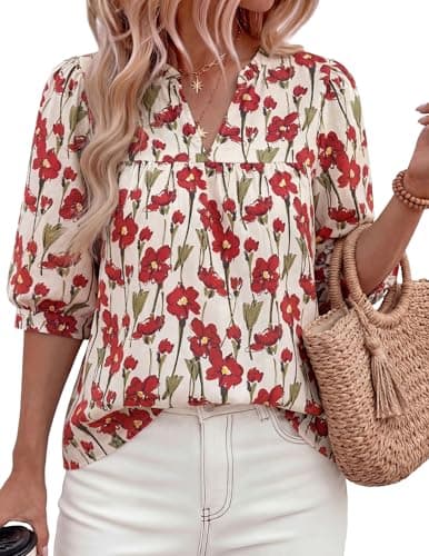 PRETTYGARDEN Women's 2026 Summer Floral Blouses Dressy Casual Half Sleeve V Neck Going Out Boho Tops Spring Fashion Clothing (Floral Apricot Red,Medium) - Image 1