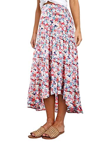PRETTYGARDEN Ditzy Floral Skirt Midi Boho Elastic High Waist Skirt A-line Long Vintage Skirts for Women Pleated Skirt (Blue Red,Medium) - Image 1