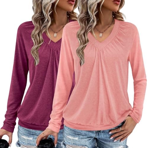 AIZHINENG 2 Pack Women Tops Long Sleeve Shirts V Neck Loose Fit Soft Casual Solid Color T-Shirts Fall Clothing - Image 1