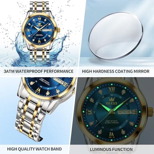 OLEVS Gold and Blue Watches for Men Big Face Dress Watch Stainless Steel Nice Fashion Blue Male Watch Diamond Waterproof Luxury Wristwatch Reloj Hombre - Thumbnail 5