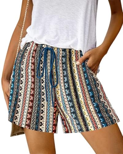 BTFBM Womens Boho Spring Shorts 2026 Beach Vacation Clothes Elastic Waist Casual Printed Loose Short Lounge Pant Pockets(Striped Navy, Medium) - Image 1