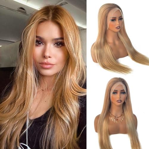 Upgrade - 13*4 Lace Front Straight Wigs for Women,Brown Roots mixed Golden brown and blonde,Glueless Ombre Highlights Blonde Lace Frontal Human Hair Wig with HD Lace ,Pre Plucked with Natural Hairline - Image 1