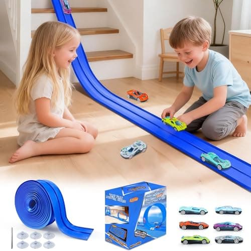 FALDAA 15ft Flexible Race Track for Kids with 6 Cars & 6 Suction Cups, Race Car Ramp Toy Compatible with Hot Wheels and 1/64 Diecast Cars, Portable Slot Car Track for Ages 3+ - Image 1
