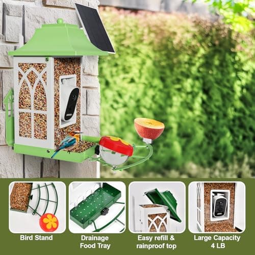 Smart Bird Feeder with Camera & Solar Panel，4.6LB Large Capacity Metal Smart Bird Feeders, Video Watching AI 1080P Wireless Camera with Auto Capture Videos & Motion Detection Camera Light Green - Thumbnail 6