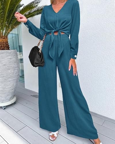 PRETTYGARDEN Women's 2 Piece Outfits 2025 Fall Fashion V Neck Long Sleeve Strappy Crop Top Wide Leg Pant Lounge Sets(Lake Blue,Medium) - Thumbnail 2