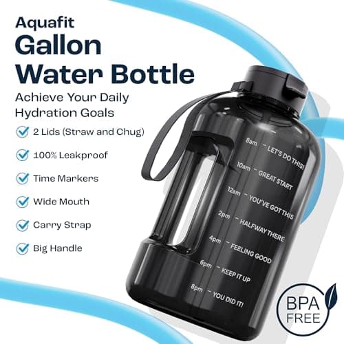 AQUAFIT 128 oz Water Bottle with Time Marker - Straw & Chug Lid - BPA Free 1 Gallon Gym Water Bottle with Handle - Big Gallon Jug (Midnight Gray, 128 Ounces) - Thumbnail 2