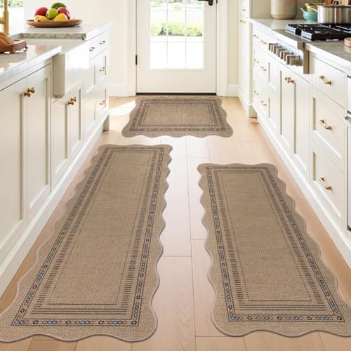 U'Artlines Non-Slip Scalloped Kitchen Rugs Set 3 PCS, 20"x32"+ 20"x48"+20"x59" Washable Low Profile Easy Jute Kitchen Floor Mats Runner Set for Sink Hallway Entryway Laundry Decor(Colorful) - Image 1