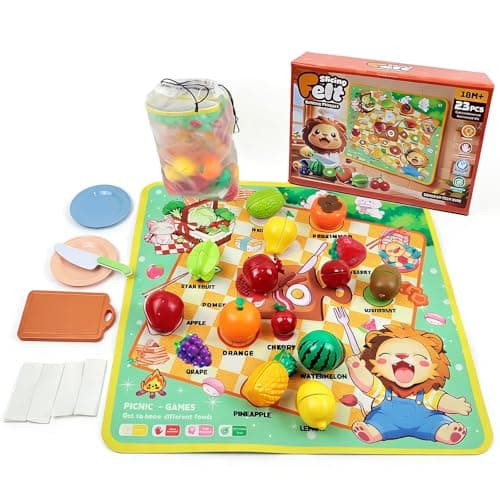 Zymari Pretend Play Food for Kids Kitchen with Pattern-Matching Felt Board, Cutting Toy Food with Storage Bag, Fake Fruit Learning Toys for Toddlers Boys Girls,Gift for Children Birthday (Fruits) - Image 1
