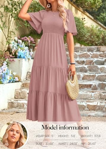 KIRUNDO Valentines Dress for Women Casual Summer 2026 Flutter Short Sleeve Midi Smocked Modest Cute A Line Flowy Dresses(Small, Pink) - Thumbnail 4