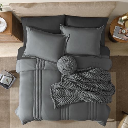 Monbix California King Size Comforter Set - 7 Pieces Bed in a Bag California King, Grey Bedding Sets with Comforter, All Seasons Comforter Bed Set with Sheets, Pillowcases & Shams - Thumbnail 2