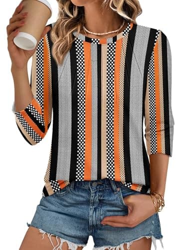 ATHMILE 3/4 Length Sleeve Womens Tunic Tops Round Neck Casual Basic Pleated Shirts Loose Fit 2025 - Image 1
