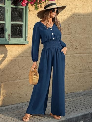 LOOKBOHO Womens Jumpsuits 2026 Long Sleeve Dressy Casual V Neck High Waist Wide Leg Romper Fall One Piece Outfits Navy X-Large - Thumbnail 6