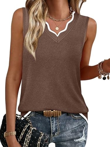 WIHOLL Brown Sweater Vest Women Trendy Sleeveless Womens Tank Tops 2026 Summer Color Block V Neck Beach Fashion Travel Outfits Vacation Clothes Dressy Casual Lightweight Sweaters S - Image 1