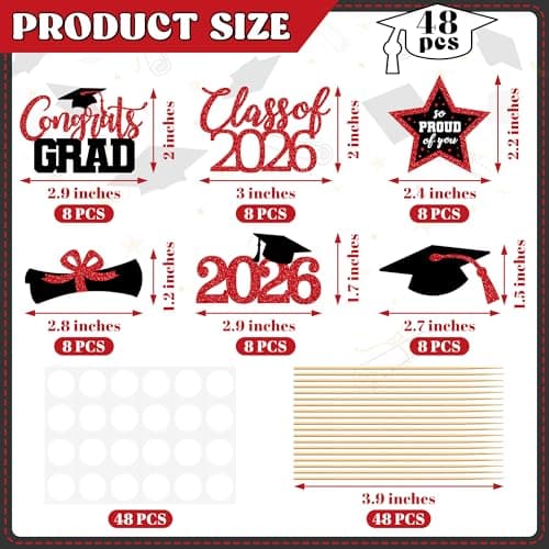 48 PCS Graduation Cupcake Toppers, Glittery 6 Styles Congrats Grad Cake Topper, Black and Red Graduation Decorations 2026, Cap and Diploma Cake Picks for Grad Party Supplies - Thumbnail 2