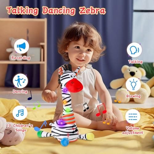LUKETURE Dancing Talking Zebra Plush, Interactive Stuffed Animal Toy, Musical Plush with Record & Repeat, Sings 10 Songs, LED Lights - Thumbnail 2