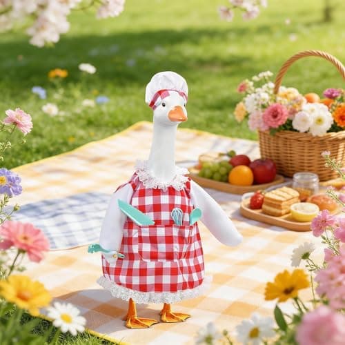 yuboo Chef Spring Porch Goose Outfit, Red and White Checkered Dress, Chef Hat & Cutlery 5 Set Porch Goose Clothes for 17'' Cement Statue, Fun Goose Costume for Garden Patio Statue Decor - Thumbnail 4