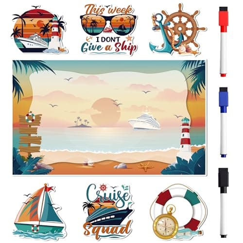 Cruise Door Decorations Magnetic, 7 Pcs Retro Sunset Beach Nautical Vacation Cruise Magnets, Cruising Essentials Fun Ship Cabin Door Signs Fridge Decor, with 3 Pcs Pens - Image 1