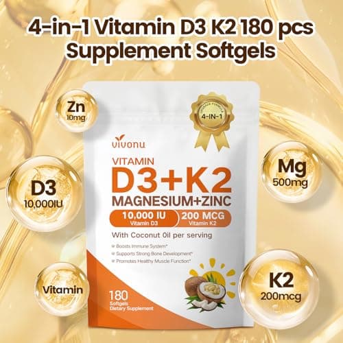 VivoNu Vitamin D3 K2 10,000 IU Magnesium Supplement – 4-in-1 with Vitamin D and K (MK-7), Magnesium Glycinate & Zinc Citrate – 180 Softgels for Energy, Bone* & Muscle* Support* - Thumbnail 5