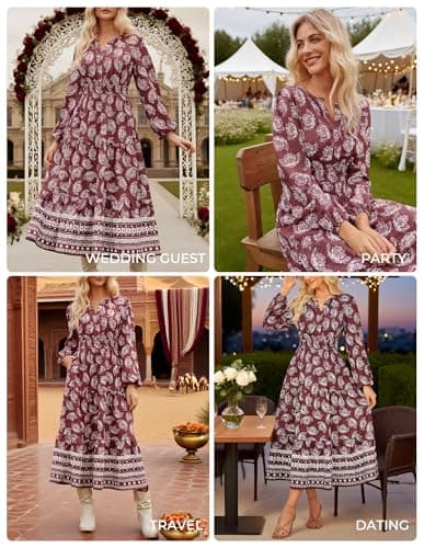 GRACE KARIN Long Sleeve Dress for Women 2026 Spring Wedding Guest Dress Floral Boho A Line Flowy Maxi Dresses with Pockets Wine Red S - Thumbnail 4