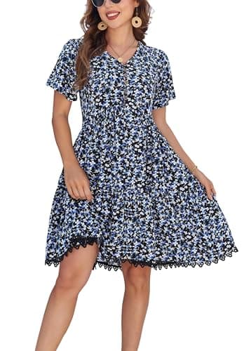 Women's V-Neck Button Down Casual Floral Midi Dress with Short Sleeve Lace Trim Hem Side Pockets (lacebian-190120-1,l) - Thumbnail 2
