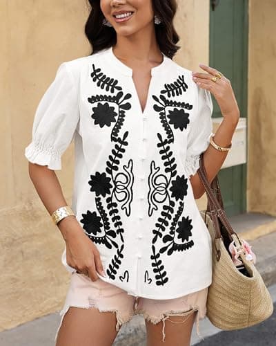 BTFBM Women's 2026 Spring Tops Casual Floral Boho V Neck Puff Short Sleeve Button Down Shirts Embroidered Blouses Tunic(Floral White Black, Large) - Thumbnail 4