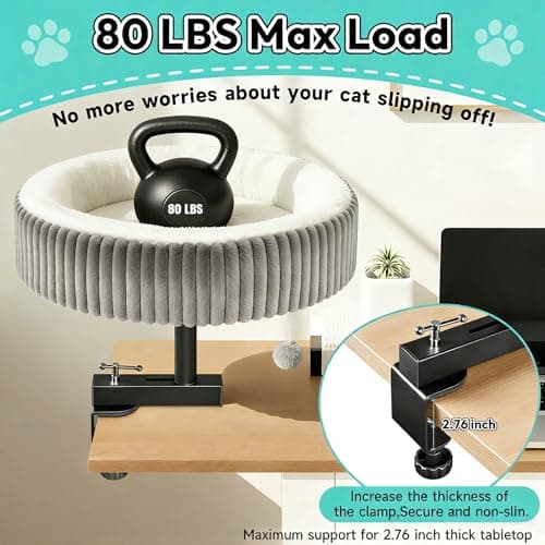 TNELTUEB Cat Desk Bed - 360° Rotating,Clamp On Cat Bed for Desks, Adjustable High Support Up to80 lbs for Office, Game Table, Island Tables, Desktop Attachment Hammock Grey - Thumbnail 3