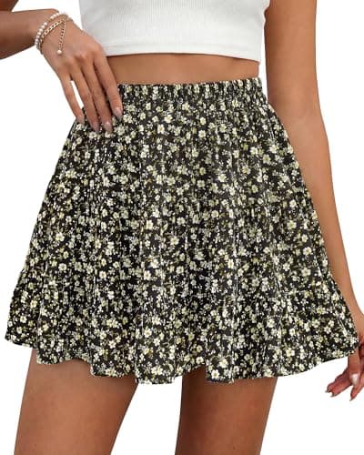 BTFBM Summer Skirts for Women 2026 Floral High Waist Shorts Underneath Boho Tiered Flowy Tennis Skorts Casual Mini Skirt(Floral Black, Medium) - Image 1