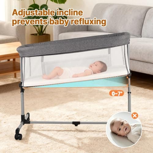 Cheermomo Baby Bassinet, 2 in 1 Bassinet Bedside Sleeper with Wheels, Stable and Secure Bedside Bassinets for Newborn Infant, 5 Height Adjustable Baby Crib, Breathable Full Mesh & Mattress, Grey - Thumbnail 5
