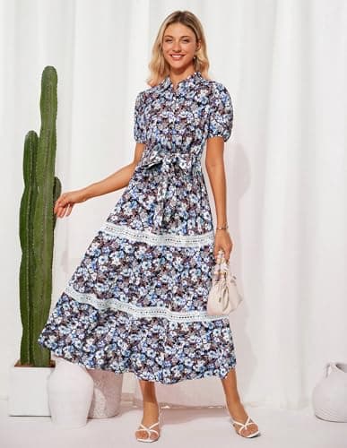 GRACE KARIN Women's 2026 Summer Floral Flowy Dresses Boho Tie Belt Short Puff Sleeve A Line Maxi Shirt Dress with Pocket Black Blue Medium - Thumbnail 2