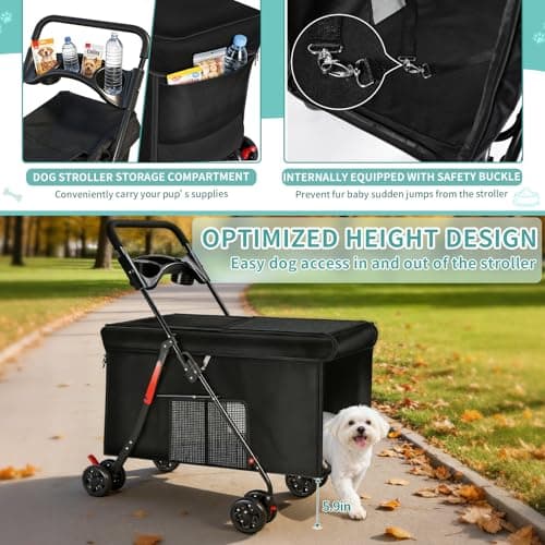 Medium Dog Stroller for Large Dogs, Pet Stroller for Medium Dogs Up to 100lbs, All-Terrain with Handle & Canopy, Storage Organizer, Waterproof Oxford Fiber Black - Thumbnail 4