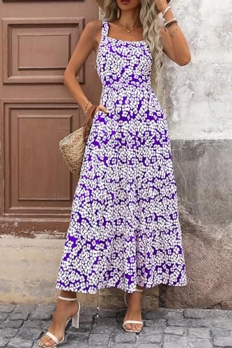 PRETTYGARDEN Womens 2026 Summer Dresses Fashion Clothing Floral Maxi Dress Ruffle Long Flowy Boho Beach Vacation Sundresses (Floral Purple White,Large) - Thumbnail 6