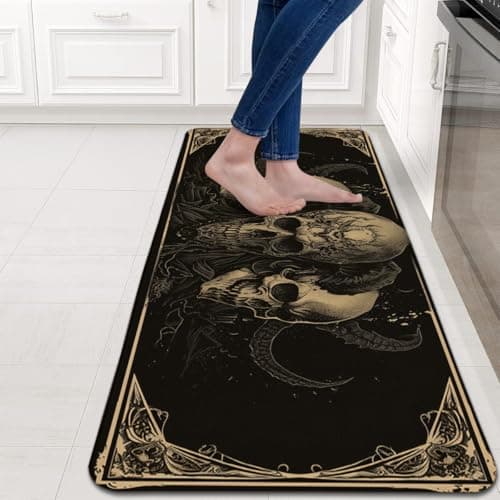 YWZDS Gothic Skull Kitchen Rugs Set of 2 - Washable Non-Slip Faux Linen Floor Mats(17.7''x29.5''+17.7''x47'') - Kitchen Mats for Home Office Bedroom Bathroom Laundry (Black) - Thumbnail 6