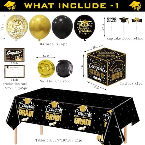 2026 Black Gold Graduation Party Decorations Set - Congrats Grad Backdrop, Banner, Tablecloth, Card Box, 45 Advice Cards & Cupcake Toppers for Class of 2026 Party Supplies - Thumbnail 2
