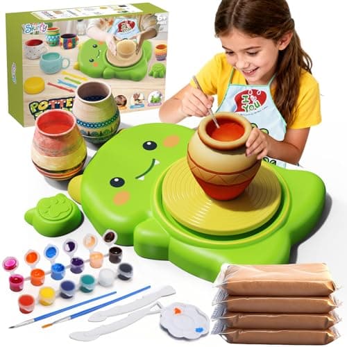 Skirfy Mini Pottery Wheel Kit for Beginners Kids,Electric Ceramic Wheel with Foot Pedal&Painting Kit, Adjustable Speed,Clay Spinner DIY Tools for Art Craft Birthday (Green Dinosaur) - Image 1