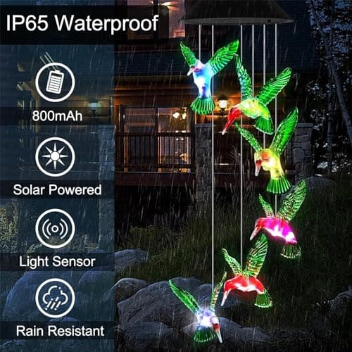 Solar Green Hummingbird， Color Changing Wind Chimes for Outside, Waterproof Solar Powered Wind, Solar Light LED Multi-Color Light Cover Gift for Christmas Garden Decor (Green Hummingbird) - Thumbnail 5