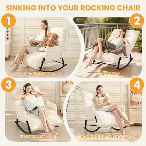 Tykacna Oversized Rocking Chair with Adjustable Backrest and Footrest, Outdoor Reading Chair - Chaise Lounge Chair Indoor, Comfy Corduroy Rocking Chair for Patio, Porch, Balcony, Living Room - Thumbnail 4