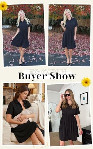 ECOWISH Spring Button Mini Shirt Dresses for Women V Neck Short Sleeve Petite Work Casual Smocked Empire Waist Dress Pockets Black Medium - Thumbnail 5