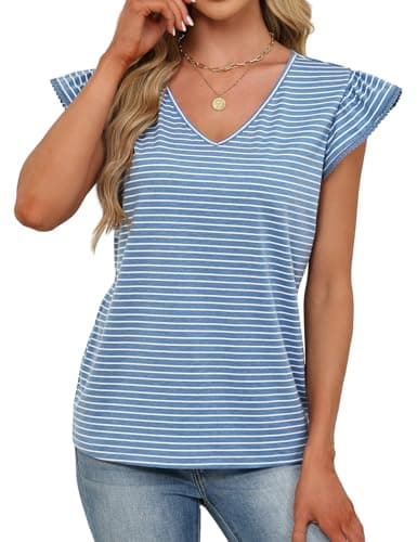 JUSTFASHIONNOW Womens Summer Ruffle Flutter Sleeve V Neck Tops, Soft Casual Striped Versatile Dressy Blouses(Blue Stripe Large) - Thumbnail 4