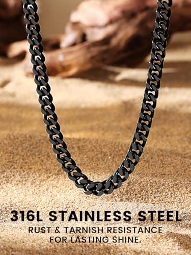 7mm Black Men's Cuban Link Chain Necklace Gift for Men 28 Inch Long Black Mens Chain Hip Hop Necklaces for Men Party Jewelry, Hypoallegenic Tranish Resistant, 28" - Thumbnail 3